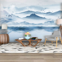 3d水墨山水畫意境墻紙茶室墻布新中式現代風格客廳電視背景墻壁紙