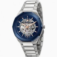 【MASERATI 瑪莎拉蒂】MASERATI手錶型號R8823142004(寶藍色雙面機械鏤空錶面寶藍錶殼銀色精鋼錶帶款)