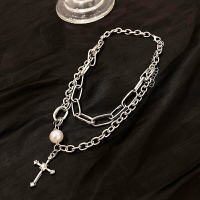 時尚夸張雙層疊戴珍珠項鏈復古個性法式毛衣鏈鑲鉆十字架項飾