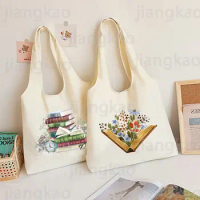 Floral Books Watercolour Tote Bag Literature Book Flower Shoulder Bags Illustration Girl Book Bag Travel Harajuku Canvas Handbag