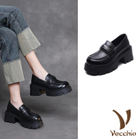 【Vecchio】真皮樂福鞋 厚底樂福鞋/全真皮頭層牛皮經典小圓頭粗跟厚底樂福鞋(黑)