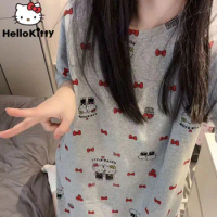 Sanrio Hello Kitty New Summer Cute Nightgown For Women Short Sleeved Tshirt Loose Cartoon Round Neck Pajama Dress Y2k Sleepwear