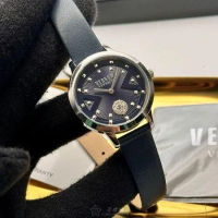 VERSUS VERSACE34mm圓形銀精鋼錶殼黑色錶盤真皮皮革深黑色錶帶款VV00386