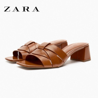 Zara รองเท้าส้นสูง หนังวัวแท้ เปิดนิ้วเท้า สีน้ําตาล แฟชั่นฤดูร้อน㏇X0403