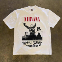 American retro Style T-shirt Oversize NIRVANA TOUR1993 Kaos Wanita Putih 220g 100% Katun Unisex Meta