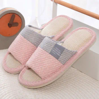 Indoor Hotel Slippers For Women Memory Foam Autumn Winter Slides Shoes Breathable Open Toe Comfort Linen Cotton House Slipper