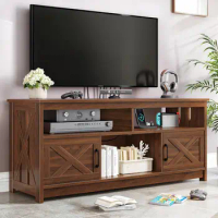 TV Stand for 65 inch w/ Power Outlet, Mid Century Modern Wood TV Table Media Console w/ Storage Cabinet &amp; Open Shelves ,