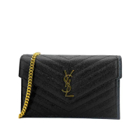 【YSL】Monogram 金logo粒紋牛皮斜背/肩背信封包-19cm(742920-黑)