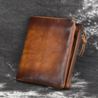 Genuine Leather Wallet for Men Double Zippered Men's Card Wallet Vintage Brown Coffee Bifold Mens Wallet
