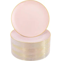 100PCS Pink and Gold Plastic Plates- 10.25 inch Pink Disposable Plates with Gold Rim-Pink Party Plates-Pink Dinner Plates Ideal