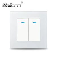 EU Glass 2 Gang with LED Indicator Wallpad White Crystal 1 2 Way Rocker On Off Light Switch for EU Round Box