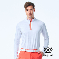 【KING GOLF】男款薄款立領拉鍊滿版迷彩KG印花長袖POLO衫/高爾夫球衫-白色
