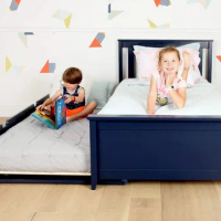 Twin Bed Wood Bed Frame with Headboard For Kids with Trundle Slatted Blue bunk beds for kids children's bed