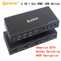 KCEVE 4 Ports HDMI KVM Switcher,4 IN 1 Out HDMI USB Switch for Sharing Monitor Keyboard Mouse Adaptive EDID Hotkey Switching