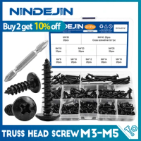 NINDEJIN Cross Truss Head Self Tapping Screw Set M3 M3.5 M4 M5 Black Plated Phillips Mushroom Head Machine Screw Assortment Kit