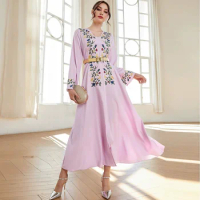 Middle Eastern Apparel 2023 Autumn New V-neck Embroidery Slim Fit Dress with Belt Abaya Muslim