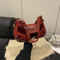 Unique biker baguette underarm bag for women, 2026 new model, dark gothic style with rivets, punk ha