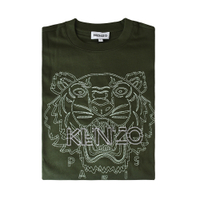 KENZO白字刺繡LOGO虎頭標誌純棉圓領短袖T恤(男款/深綠)