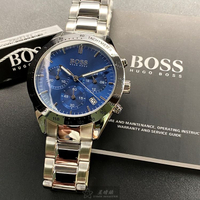 點數9%★BOSS手錶,編號HB1513582,42mm銀圓形精鋼錶殼,寶藍色三眼, 運動錶面,金色精鋼錶帶款,找尋好久就是這款!【APP下單享9%點數上限5000點】