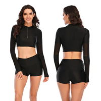 Black Solid Modest Muslim Swimsuit Woman 2 Pieces Surf Zipper Swimwear Long Sleeve Rushguard UV Protection Tankini Beach Trunks