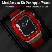 Case &amp; Band for Apple Watch Series 9 8 7 6 5 4 44mm 45mm Rugged Case Silicone Sport Band for iWatch SE Luxury Modification Kit