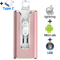 OTG USB Flash Drive for iPhone 16GB 32GB 64GB 128GB 256GB cle 4 IN 1 Pendrive for ipad mac usb3.0 with type c adapter【Pink】