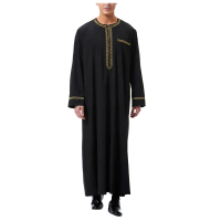 Lelaki bersulam pakaian Muslim Muslim jubah Arab jubah tengah lengan panjang poket leher bulat panjang Kaftan Arab Muslim Arab jubah