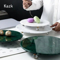 Nordic Luxury Round Shape Marble Tray with Crystal Support Feet Hotel Dining Table Dessert Cake Stand Home Decor Serving Tray