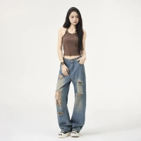 FANSHUN025 Celana Jeans Wanita Gaya Korea Pinggang Tinggi, Jeans Sobek Longgar