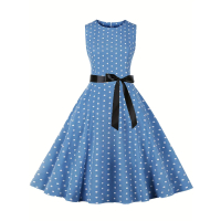 Polka Dot Vintage Dress, Sleeveless Spring Vacation Party Dress
