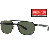 【RayBan 雷朋】時尚雙槓方框太陽眼鏡 RB3701 002/71 黑框抗UV墨綠鏡片 公司貨
