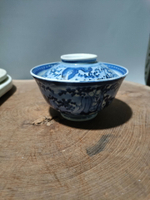日本回流瓷器古董清代老青花人物蓋碗茶碗。口沿底沿有點芝麻大小