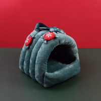 Small Animal Winter Bed Plush House Hideout Christmas Design Cage Decor for Ferret Parrot Hamster Playing Hiding
