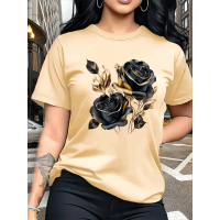 Plus Size Gothic Rose Print Tee Women's Summer Streetwear Comfy，Beige Rose Graphic Tee Women Streetw