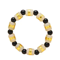 HOYON AU999 Pure Gold Beaded Bracelet Bnagles White Agate Hand String for Women Men Couples Lovers Jewelry Gifts