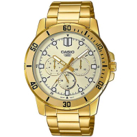 【CASIO 卡西歐】復古風潮不鏽鋼腕錶/金x黃面 刻度款(MTP-VD300G-9E)