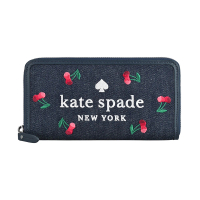 【KATE SPADE】Kate Spade刺繡lLOGO三色櫻桃設計丹寧布12卡拉鍊長夾(丹寧藍)