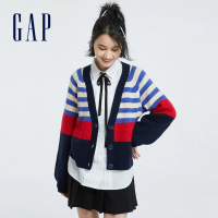 【GAP】女裝 V領針織外套-藍色條紋(721572)