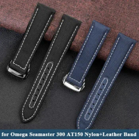 19mm 20mm 21mm 22mm Canvas Nylon+Leather Watch Strap for Omega Seamaster 300 AT150 Watch Band Black Blue Bracelet Accessories