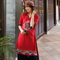 夏季新款中國風女裝復古民族風改良盤扣V領棉麻刺繡連衣裙1入