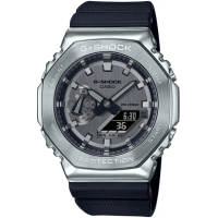 【CASIO 卡西歐】G-SHOCK 金屬時尚八角髮絲紋雙顯錶 畢業 禮物(GM-2100-1A)