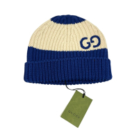 GUCCI 經典雙G LOGO拼色款毛帽(藍色/米色)
