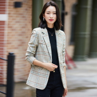 2021年初春新款韓版女裝金屬雙粒扣職業裝暖系小子格子西裝外套
