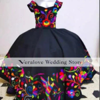Mexican Embroidery Girl Pageant Dress For Wedding Black Baby Princess First Communion Dress Vestido niña Mini Charro Quinceanera