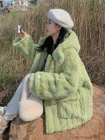 冬季小個子奶fufu毛絨絨牛角扣外套連帽加厚羊羔毛棉服女