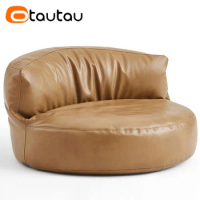 OTAUTAU PU Leather Bean Bag Chair with Filling Round Lazy Floor Single Sofa Tatami for Bedroom Living Room SF063