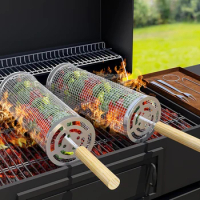 BBQ Basket Stainless Steel Grilling Basket Wire Mesh Cylinder with Handle Portable Grill Baskets for Vegetable Shrimp Chicken