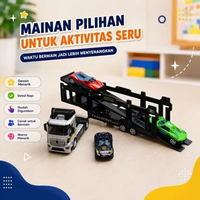 Diecast Tractor Trailer Mobil Angkut dengan 3 Mobil Mini Mainan Koleksi Material Metal dan Plastik