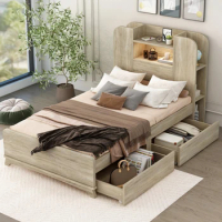 Twin Size bed,Storage Platform Bed Frame with 2 Drawers &amp; Light Strip Design in Headboard w/ 3-tier bookcase,Easy to Assemble