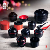 創意日式湯碗帶蓋面碗商用塑料湯盅泡面碗日韓料理仿瓷餐具小碗